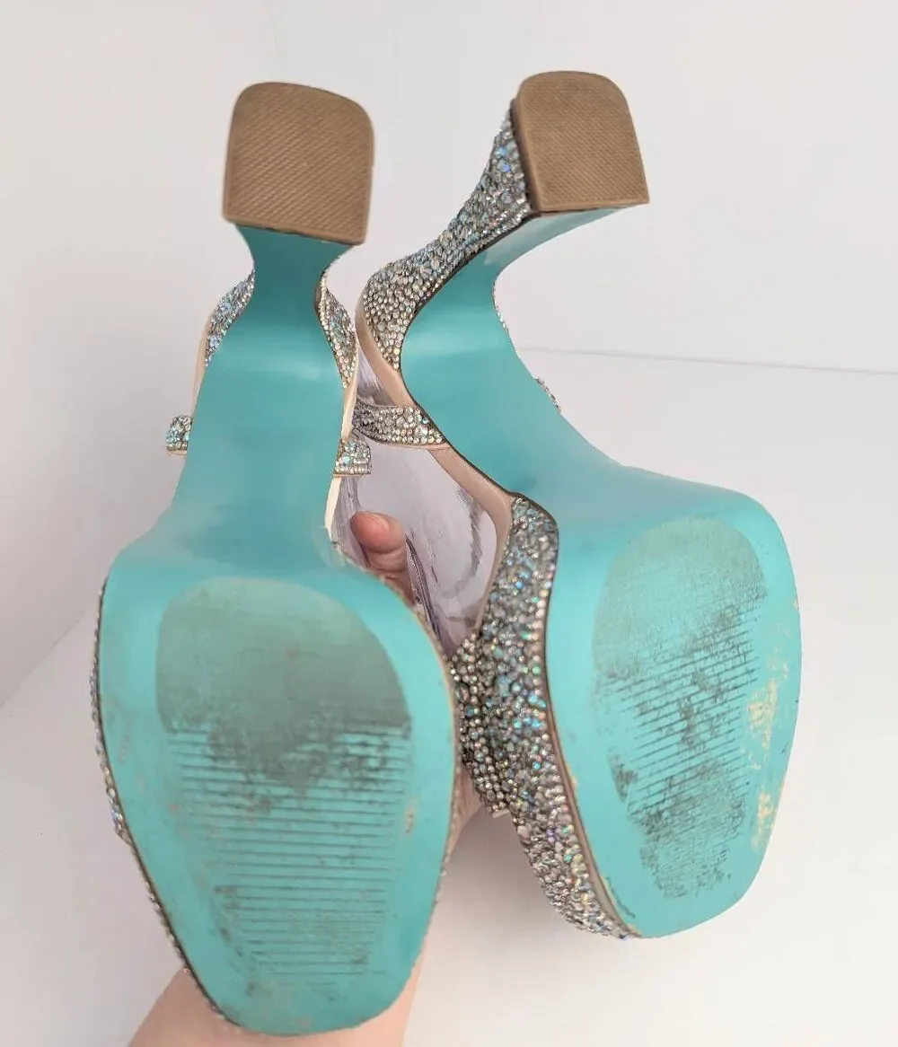 Betsey Johnson Beth iridescent rhinestone encrusted cream platform heel womens 8